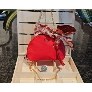 Christian Dior Red Clutch w/Crossbody Chain, Charms & Twilly Added NWOT + brush